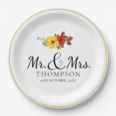 Elegante Oranje bloemenmeneer Mrs Wedding Party Papieren Bordje (Voorkant)