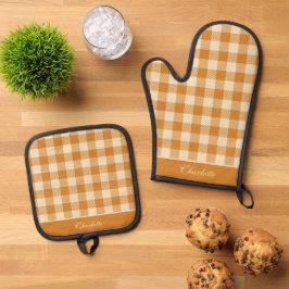 Elegante Oranje & Crème Houthakkers Schotse Ruit C Ovenwant & Pannenlap Set