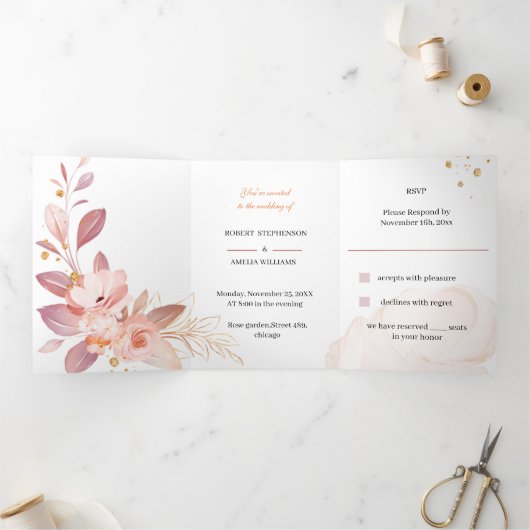 Elegante Oranje Flower Custom Wedding Drieluik Uitnodiging (Binnen)