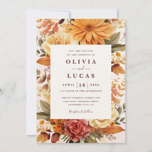 Elegante Oranje Flower Lijst bruiloft Kaart (Voorkant)