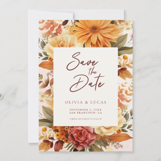 Elegante Oranje Flower Lijst Trouwfoto Save The Date (Voorkant)