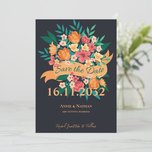 Elegante Oranje & Gele Bloemen Save the Date Kaart (Staand voorkant)