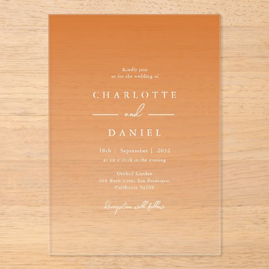 Elegante Oranje Gradient Acryl Wedding Acryl Uitnodigingen (Voorkant)