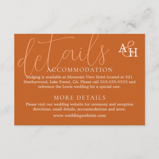 Elegante Oranje Kalligrafie Bruiloft RSVP-kaart Informatiekaartje (Voorkant)