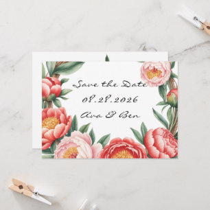 Elegante Oranje Peony Paint Wedding Save the Date Kaart