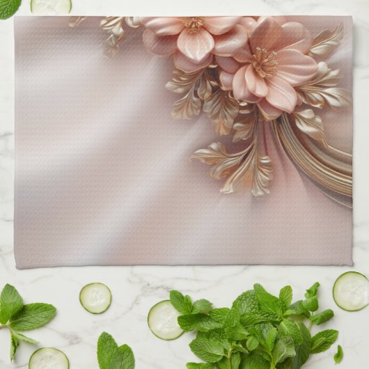 Elegante Oranje Perzik Bloemen Keuken Handdoek (Gevouwen)