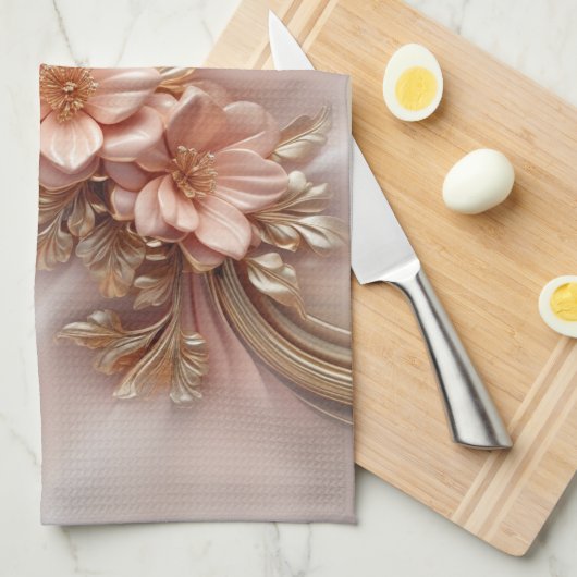 Elegante Oranje Perzik Bloemen Keuken Handdoek (Quarter Fold)