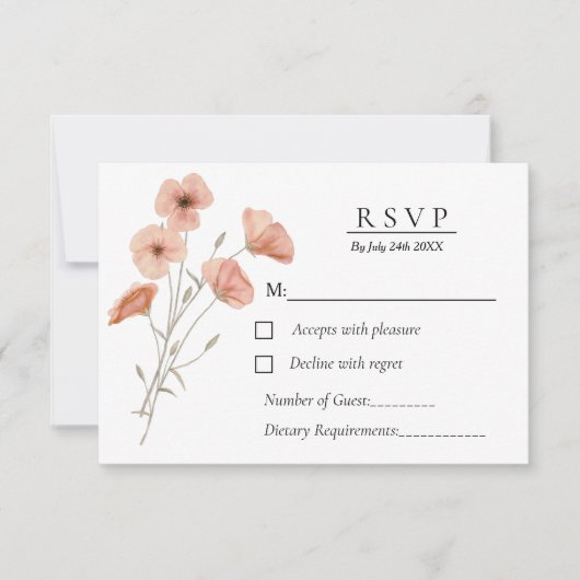 Elegante Oranje Poppy Flower Botanische bruiloft RSVP Kaartje (Voorkant)