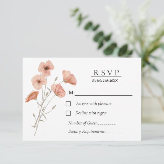 Elegante Oranje Poppy Flower Botanische bruiloft RSVP Kaartje (Staand voorkant)