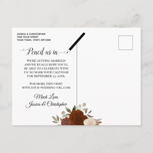 Elegante Oranje Rozen & Fotobruiloft Sla de datum Aankondigingskaart (Achterkant)