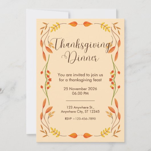 Elegante Oranje Thanksgiving Diner Kaart (Voorkant)