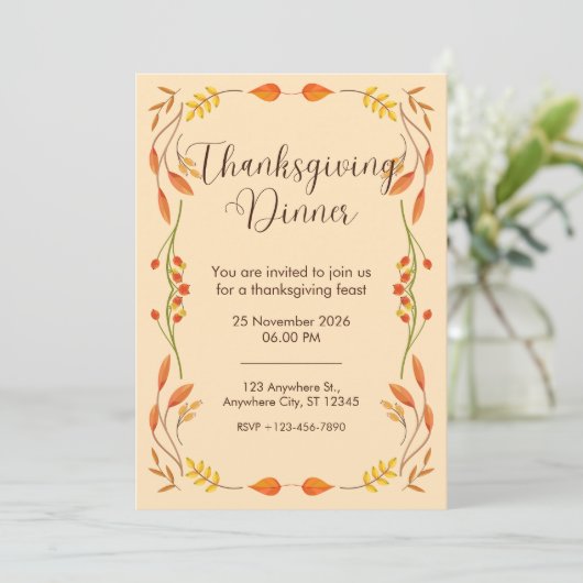 Elegante Oranje Thanksgiving Diner Kaart (Staand voorkant)