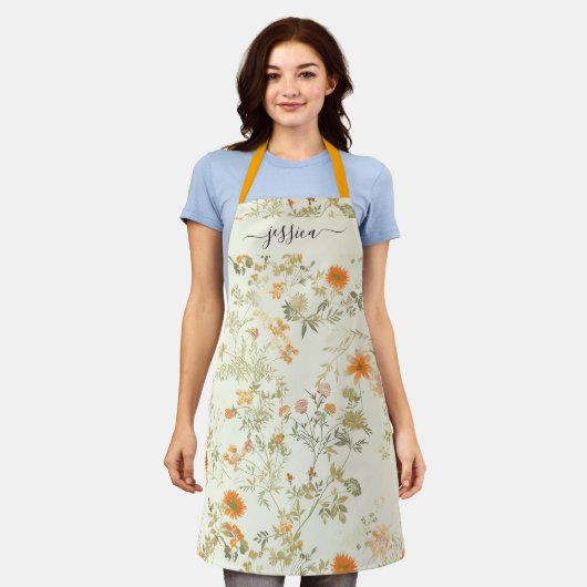 Elegante oranje wilde bloemen script naam schort (Gedragen)