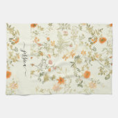 Elegante oranje wilde bloemen script naam theedoek (Horizontaal)