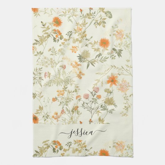 Elegante oranje wilde bloemen script naam theedoek (Verticaal)