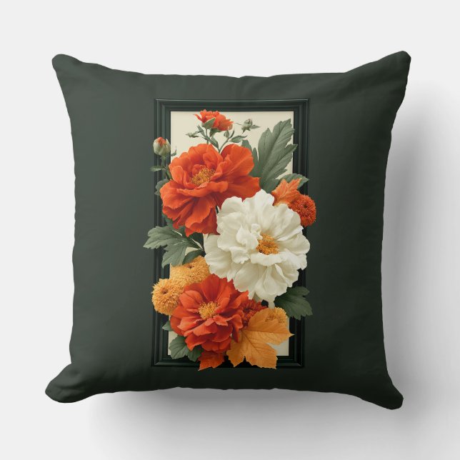 Elegante Oranje & Witte Bloemkunst Kussen (Voorkant)
