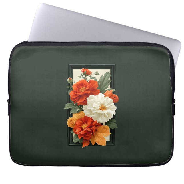Elegante Oranje & Witte Bloemkunst   Laptop Sleeve (Voorkant)