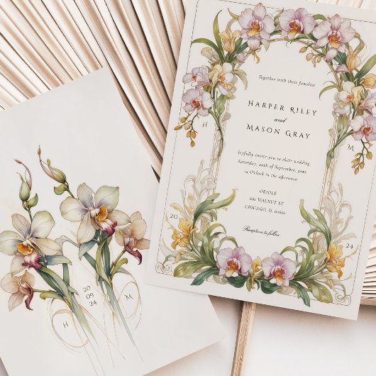 Elegante Orchidee Art Nouveau bruiloft Kaart