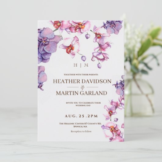 Elegante orchidee botanische bruiloft uitnodiging (Staand voorkant)