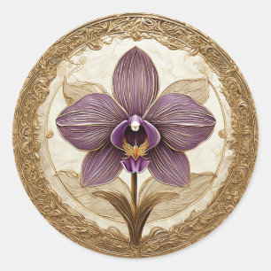 Elegante Orchidee in Intrigerende Gouden Lijst Ronde Sticker