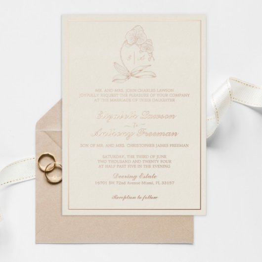 Elegante Orchidee Monogram Goud Folie Formeel Huwe Uitnodiging