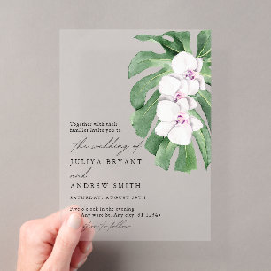 Elegante orchidee op tropisch blad script bruiloft acryl uitnodigingen
