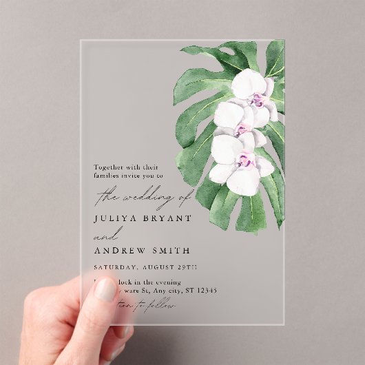 Elegante orchidee op tropisch blad script bruiloft acryl uitnodigingen (Insitu (Draagbaar))