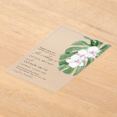 Elegante orchidee op tropisch blad script bruiloft acryl uitnodigingen (Laagn)
