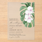 Elegante orchidee op tropisch blad script bruiloft acryl uitnodigingen (Voorkant)