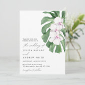 Elegante Orchidee op tropisch blad script bruiloft Kaart (Staand voorkant)