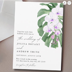 Elegante Orchidee op tropisch blad script bruiloft Kaart
