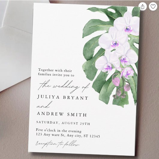 Elegante Orchidee op tropisch blad script bruiloft Kaart