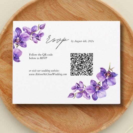Elegante Orchidee script bruiloft QR-code RSVP Kaartje