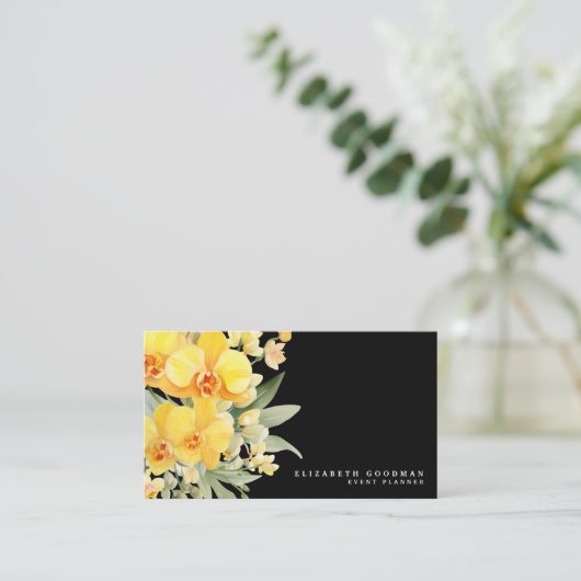 Elegante Orchideeën Gele en Zwarte Visitekaartjes (Staand voorkant)