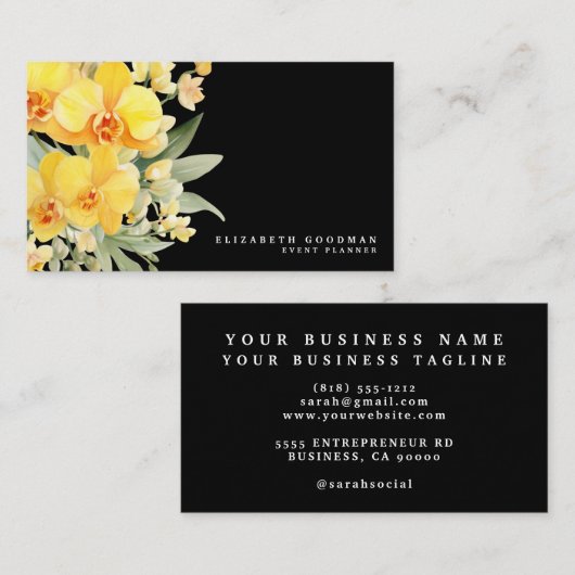 Elegante Orchideeën Gele en Zwarte Visitekaartjes (Voorkant / Achterkant)