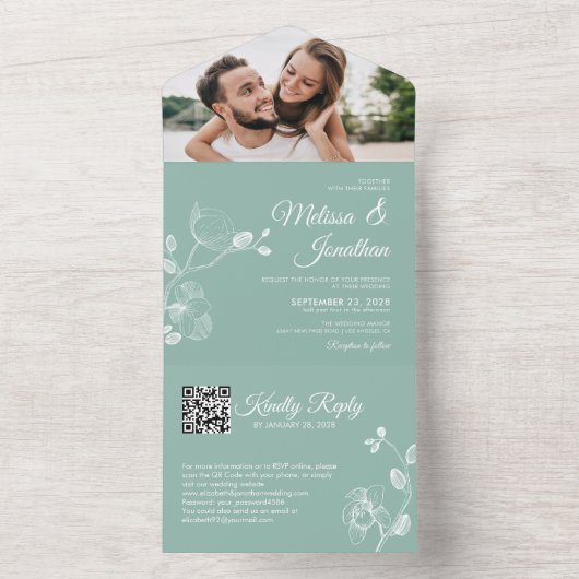 Elegante orchideeën mintgroene bloemencode QR Code All In One Uitnodiging (Binnen)