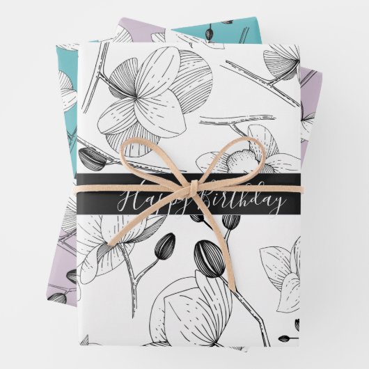 Elegante orchideeën witte lavendel turquoise bloem inpakpapier vel (In situ)