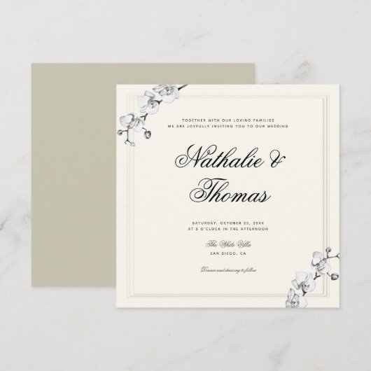 Elegante orchideeën zwart wit faux reliëf bruiloft kaart (Voorkant / Achterkant)