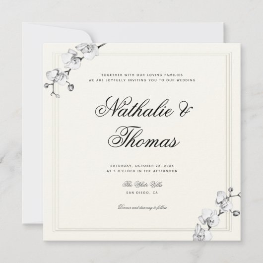 Elegante orchideeën zwart wit faux reliëf bruiloft kaart (Voorkant)