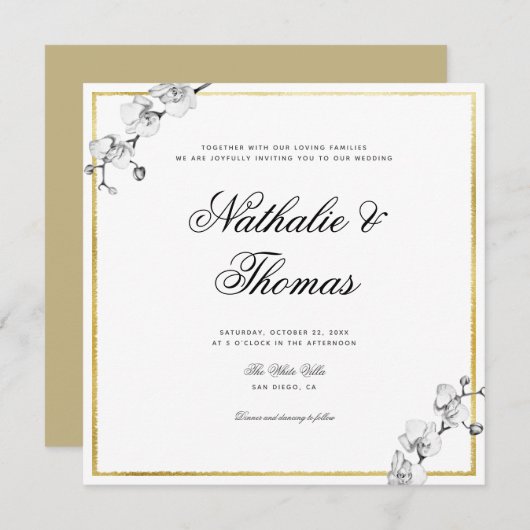 Elegante orchideeën zwart wit goud Lijst bruiloft Kaart (Voorkant / Achterkant)