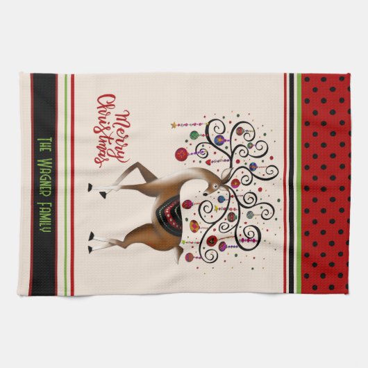 Elegante Ornamenten Kerstmis rendieren gepersonali Theedoek (Horizontaal)