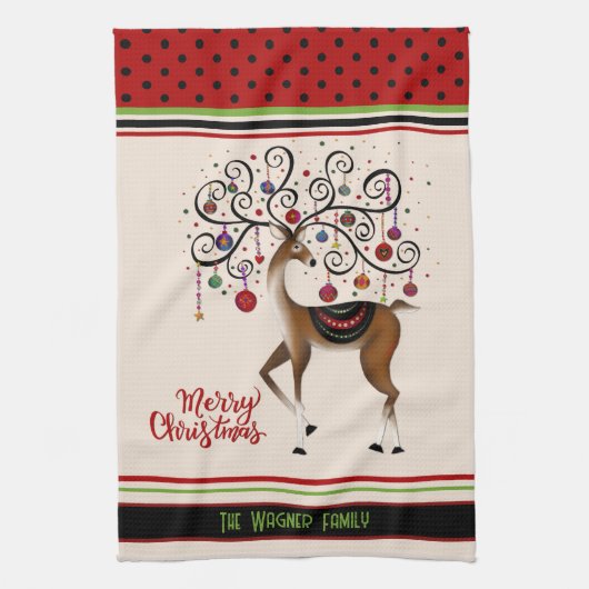 Elegante Ornamenten Kerstmis rendieren gepersonali Theedoek (Verticaal)