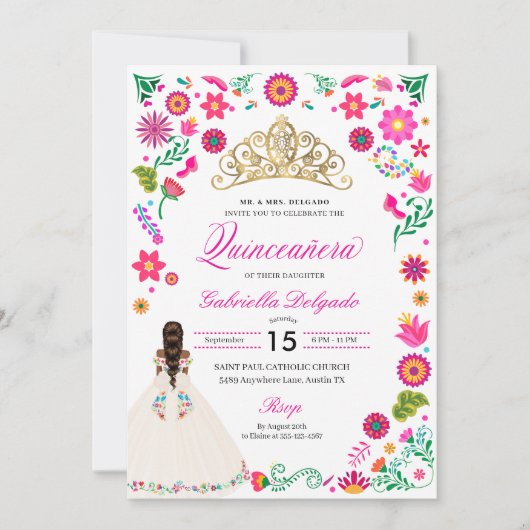 Elegante Otomi borduurwerk Quinceañera uitnodiging (Voorkant)