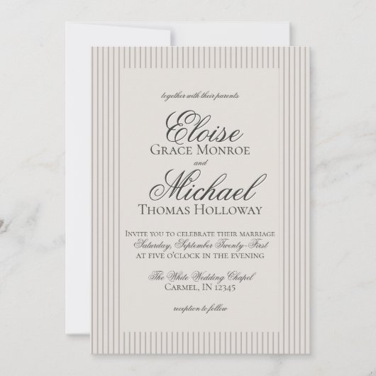 Elegante Oud Geld Script Neutral Stripe Wedding Kaart (Voorkant)