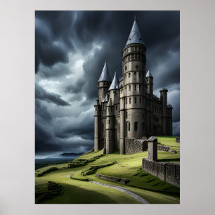 Elegante Oude Bewolkte Lucht Mysterie Kasteel AI Poster