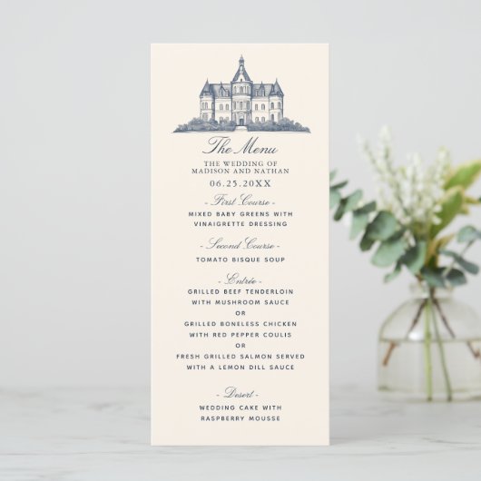 Elegante oude Chateau Manor bruiloft Menu (Staand voorkant)