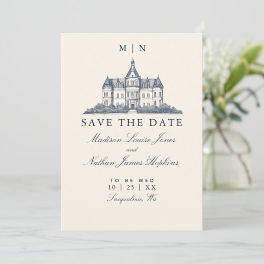 Elegante oude Chateau Manor bruiloft Save The Date (Staand voorkant)