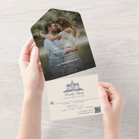 Elegante Oude Chateau Manor Trouwfoto QR-code All In One Uitnodiging (Afscheurbaar)