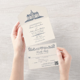 Elegante Oude Chateau Manor Wedding QR-code All In One Uitnodiging