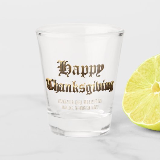 Elegante oude Engelse belettering Happy Thanksgivi Shot Glas (Voorkant)